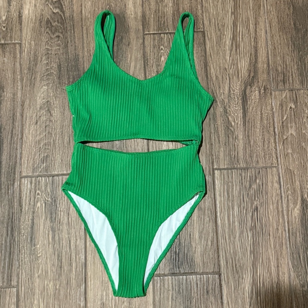 Green Ribbed Cutout One Piece Swimsuit